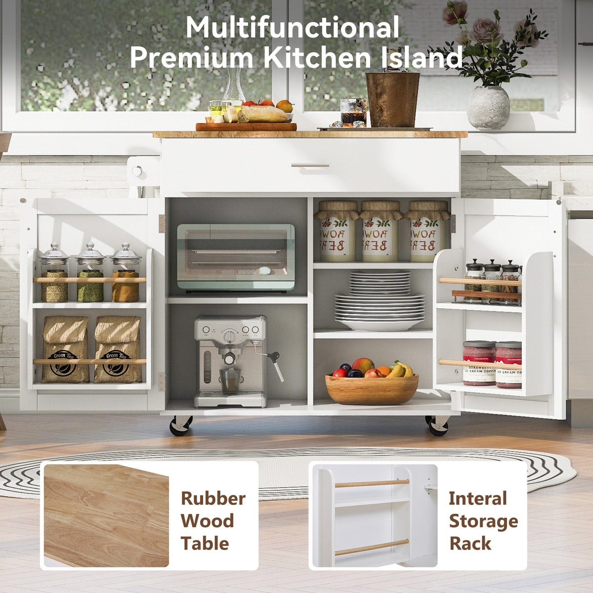 Xspracer White Mdf Base with Wood Top Rolling Kitchen Island (26-in x 39-in x 34-in)
