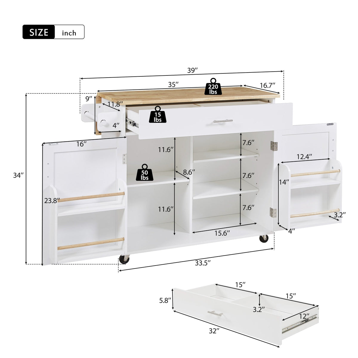Xspracer White Mdf Base with Wood Top Rolling Kitchen Island (26-in x 39-in x 34-in)