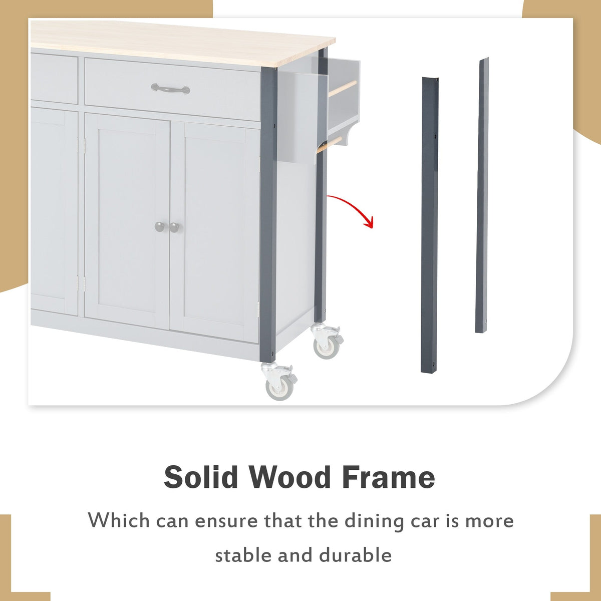 Xspracer Gray Mdf Base with Wood Top Rolling Kitchen Island (19-in x 54-in x 36-in)