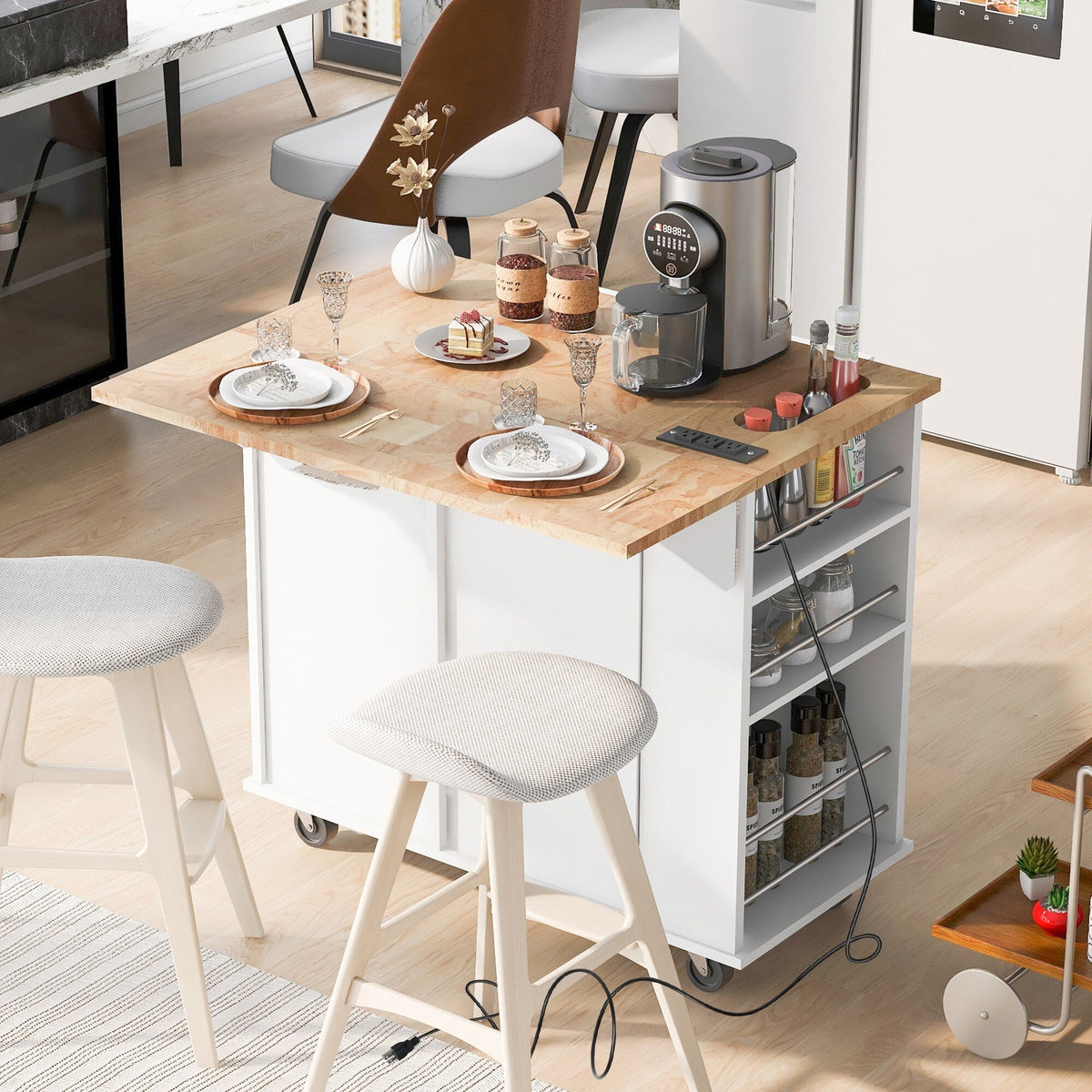 Xspracer White Mdf Base with Wood Top Rolling Kitchen Island (29-in x 40-in x 34-in)