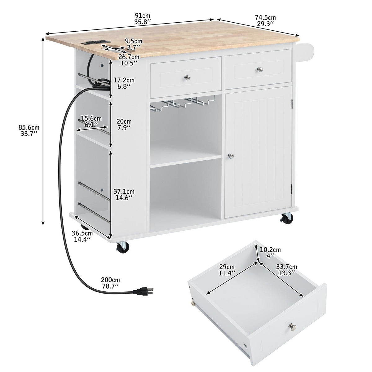 Xspracer White Mdf Base with Wood Top Rolling Kitchen Island (29-in x 40-in x 34-in)