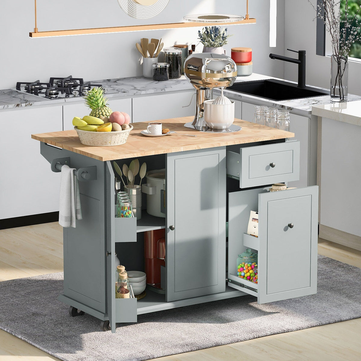 Xspracer Gray Mdf Base with Wood Top Rolling Kitchen Island (29-in x 54-in x 37-in)