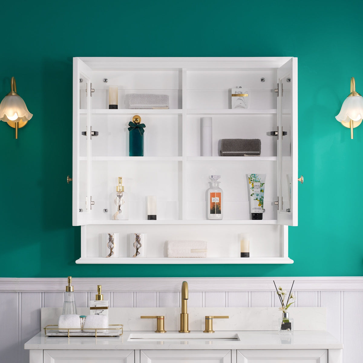 Forclover Solid Wood 36-in x 30-in Surface/Recessed Mount White Mirrored Soft Close Medicine Cabinet