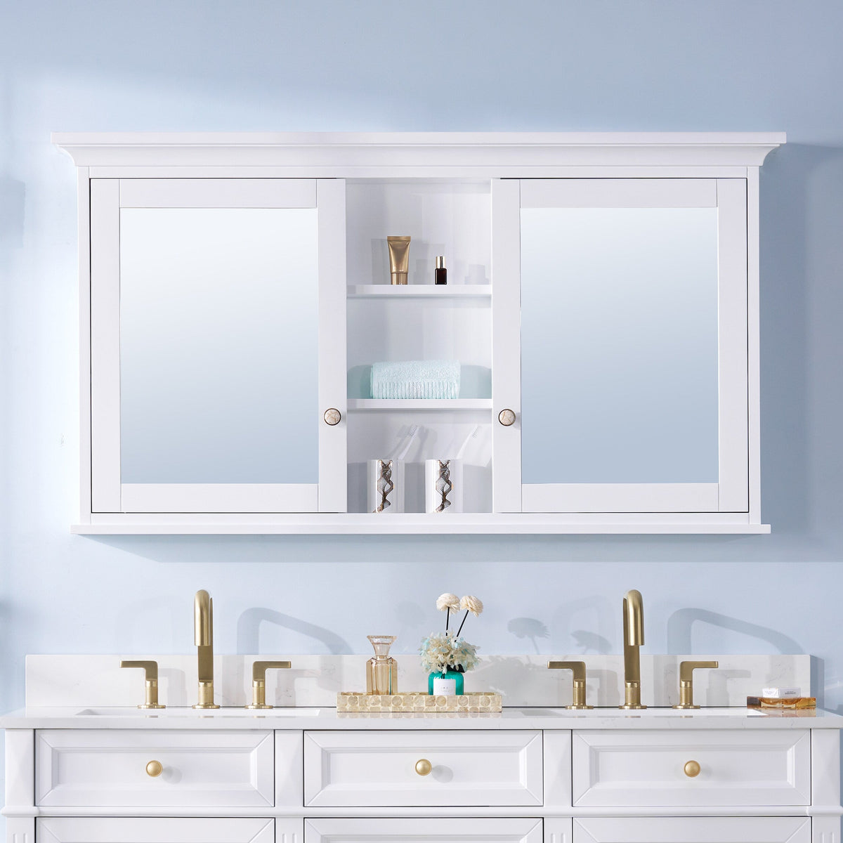 Forclover Solid Wood 55-in x 30-in Lighted Surface Mount White Mirrored Soft Close Medicine Cabinet