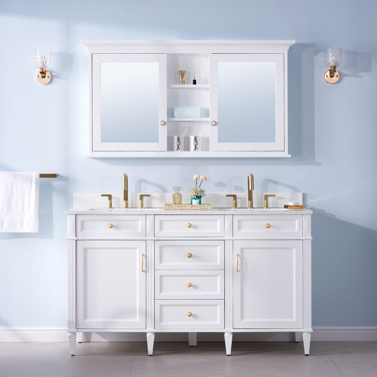 Forclover Solid Wood 55-in x 30-in Lighted Surface Mount White Mirrored Soft Close Medicine Cabinet