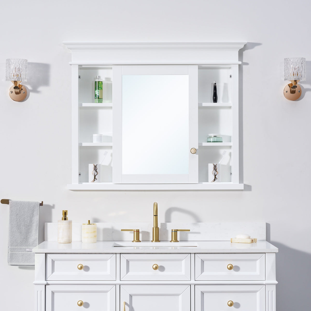 WELLFOR GRACE Solid Wood 40-in x 32-in Recessed Mount White Mirrored Soft Close Medicine Cabinet