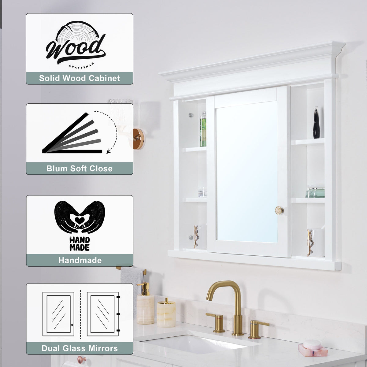 WELLFOR GRACE Solid Wood 40-in x 32-in Recessed Mount White Mirrored Soft Close Medicine Cabinet