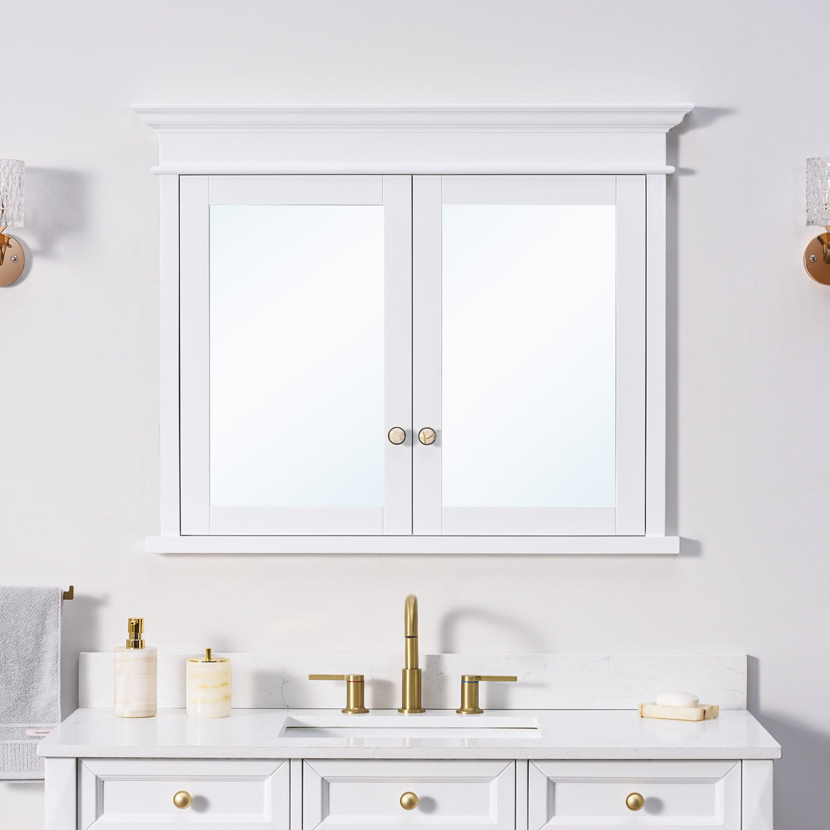 WELLFOR GRACE Solid Wood 40-in x 32-in Recessed Mount White Mirrored Soft Close Medicine Cabinet