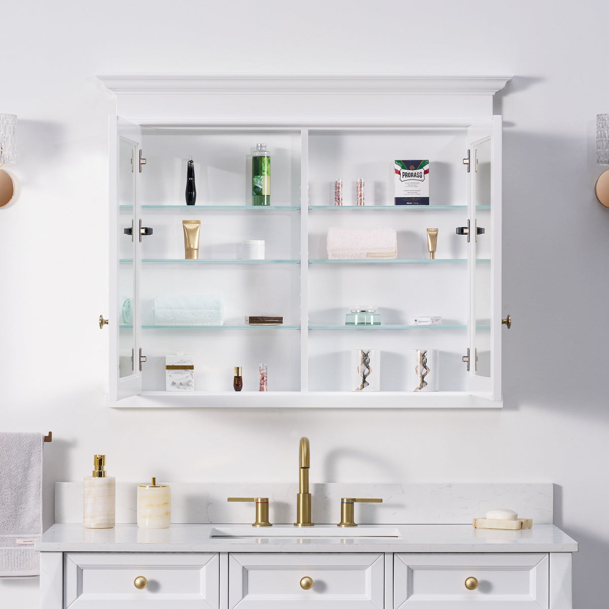 WELLFOR GRACE Solid Wood 40-in x 32-in Recessed Mount White Mirrored Soft Close Medicine Cabinet