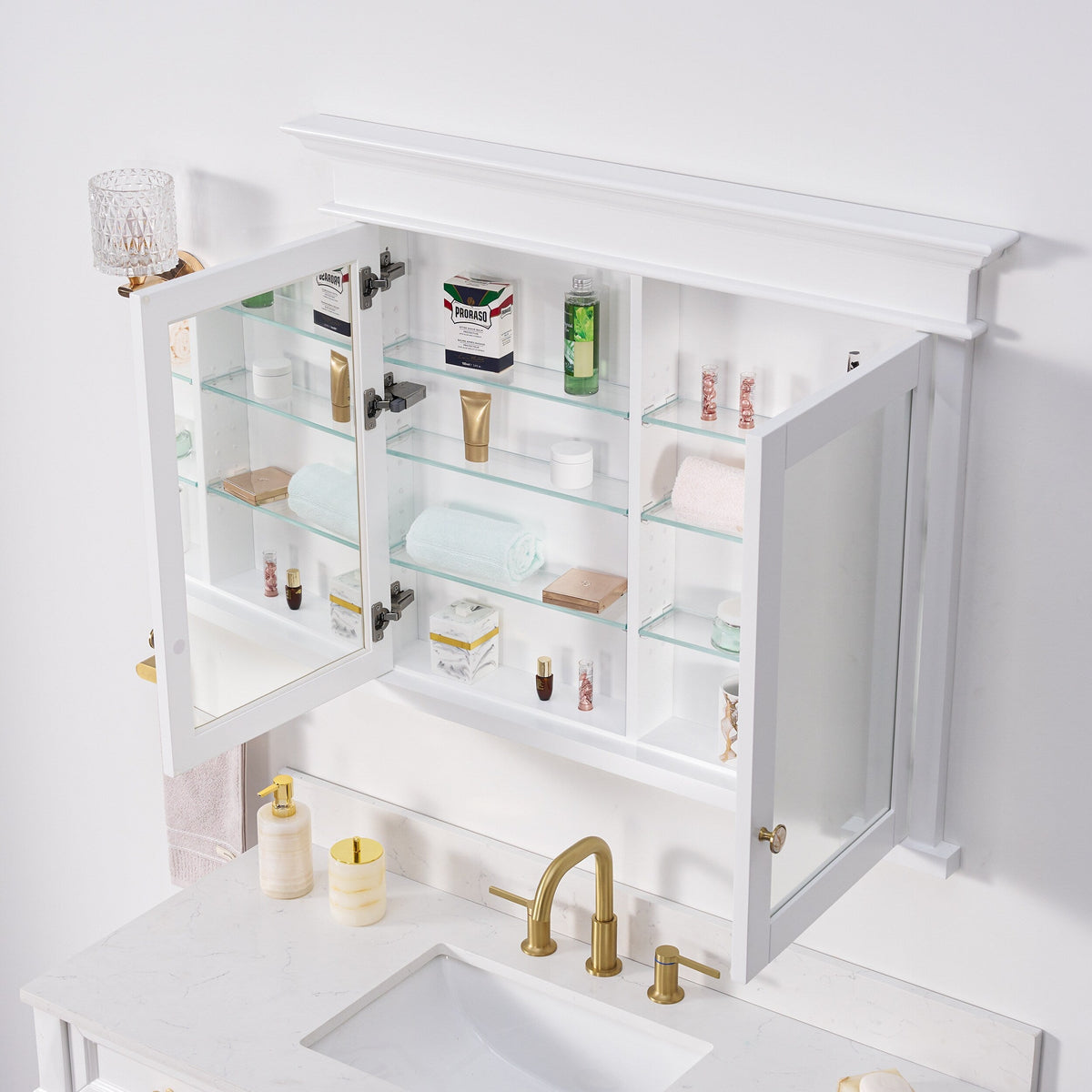 WELLFOR GRACE Solid Wood 40-in x 32-in Recessed Mount White Mirrored Soft Close Medicine Cabinet