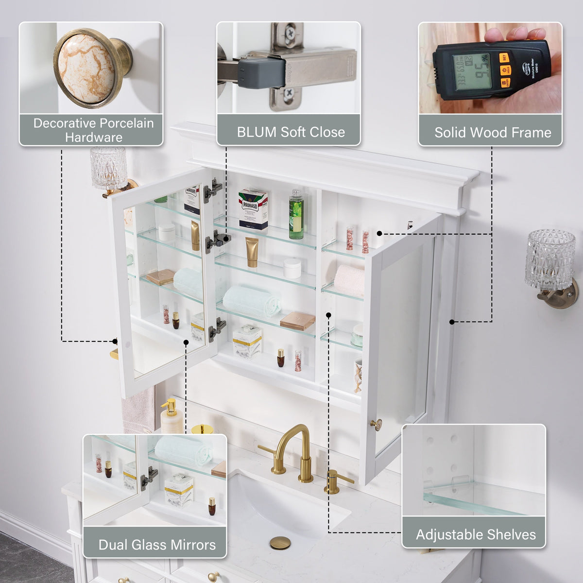 WELLFOR GRACE Solid Wood 40-in x 32-in Recessed Mount White Mirrored Soft Close Medicine Cabinet