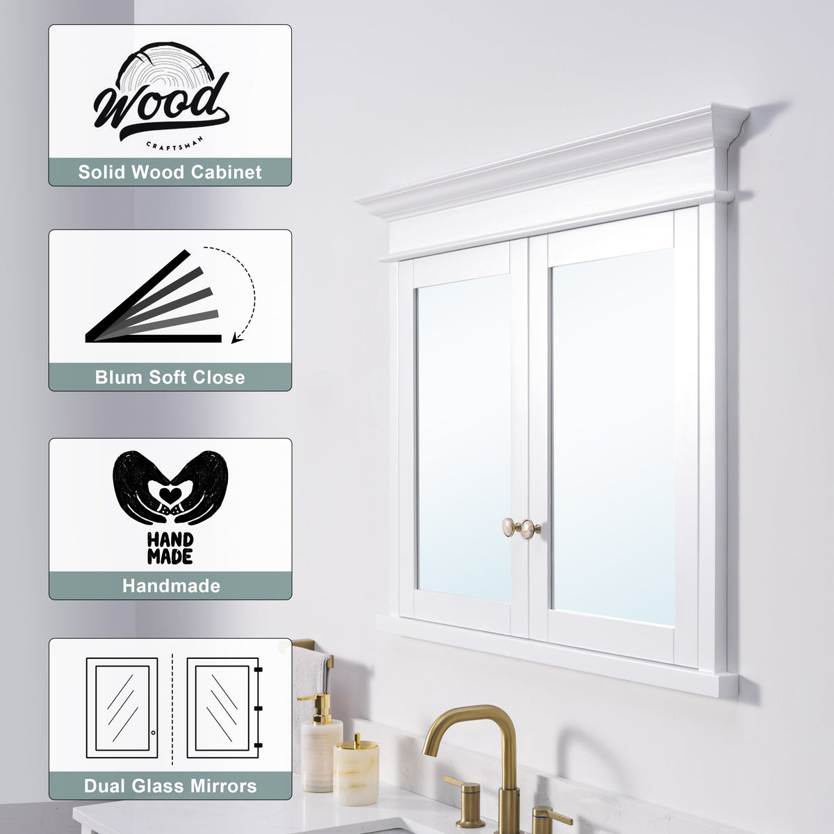 WELLFOR GRACE Solid Wood 40-in x 32-in Recessed Mount White Mirrored Soft Close Medicine Cabinet