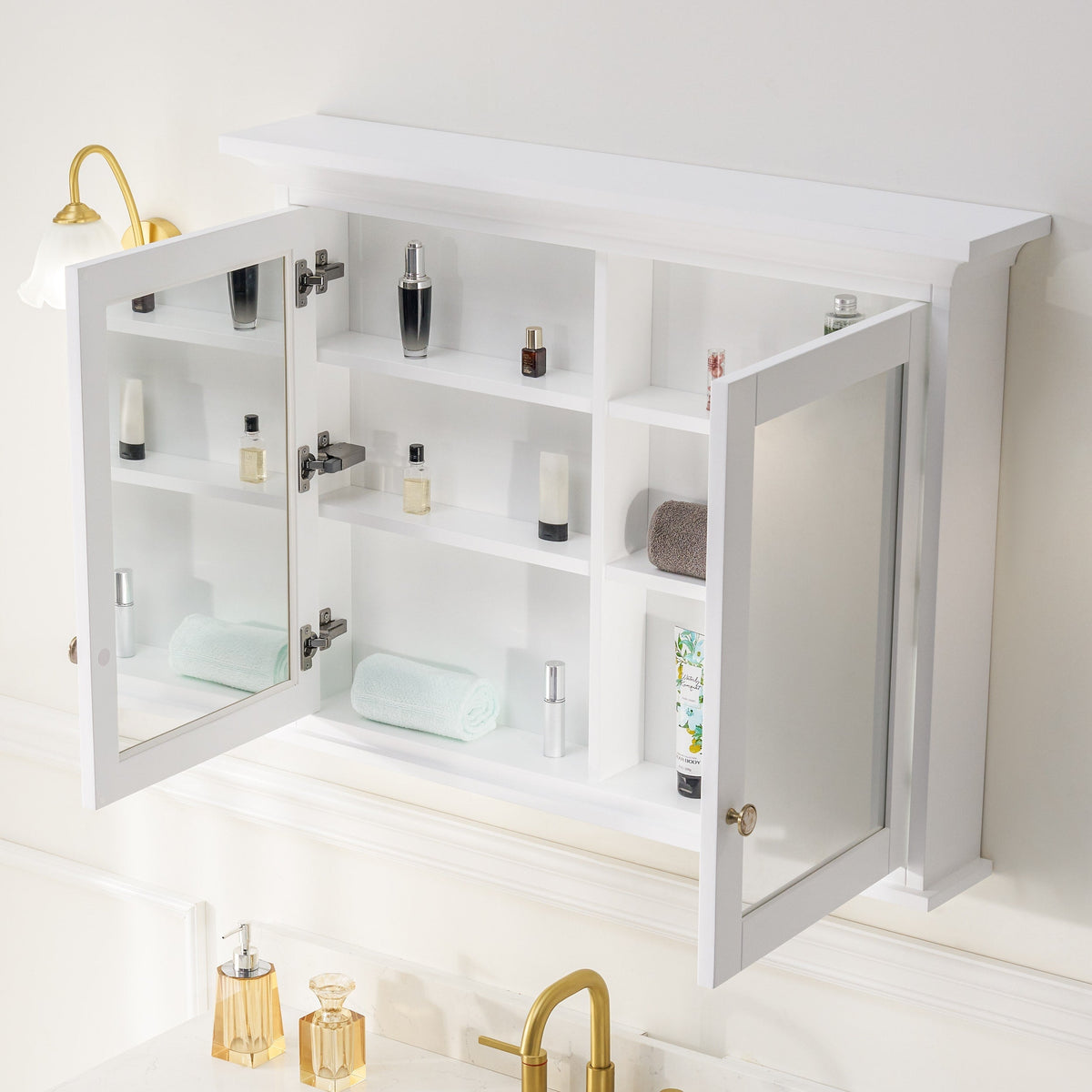 WELLFOR GRACE Solid Wood 40-in x 30-in Surface Mount White Mirrored Soft Close Medicine Cabinet