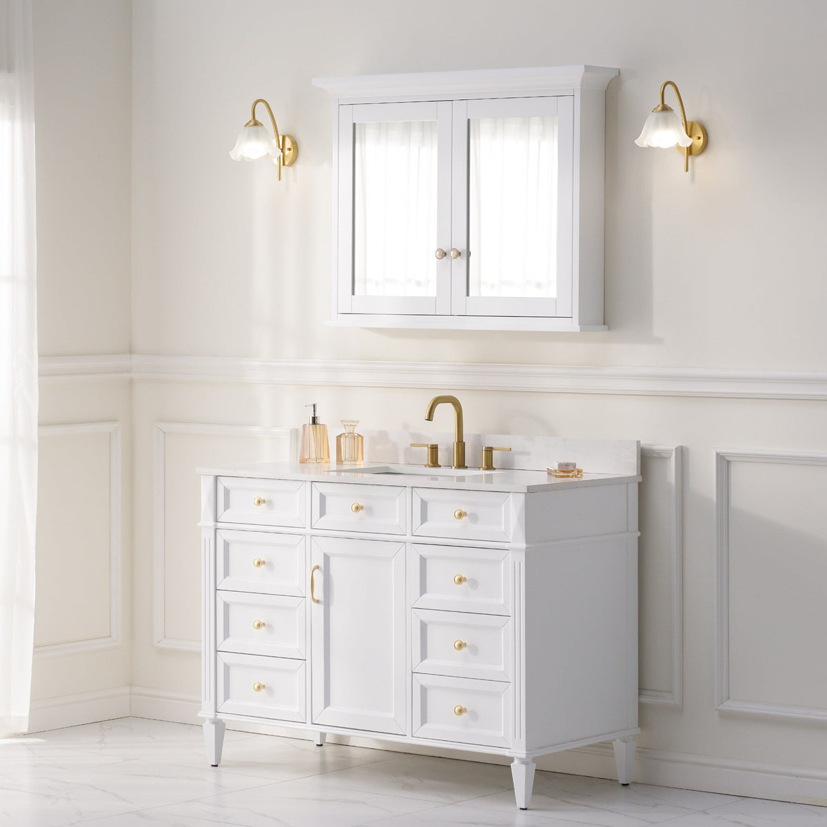 WELLFOR GRACE Solid Wood 40-in x 30-in Surface Mount White Mirrored Soft Close Medicine Cabinet