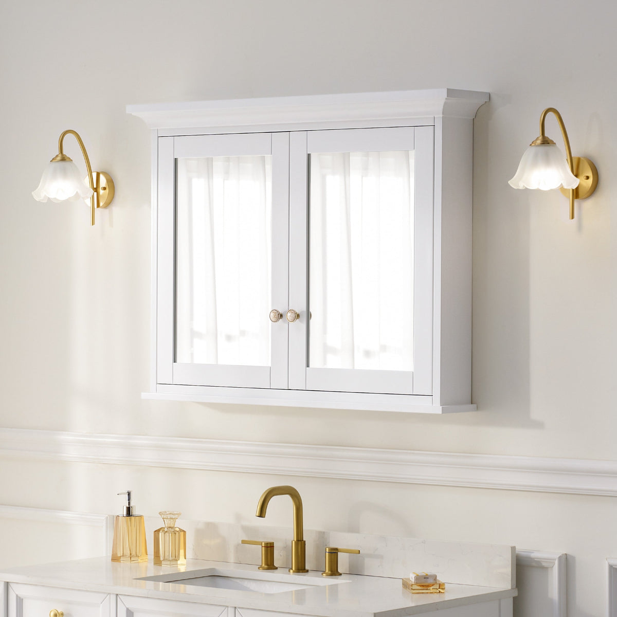 WELLFOR GRACE Solid Wood 40-in x 30-in Surface Mount White Mirrored Soft Close Medicine Cabinet