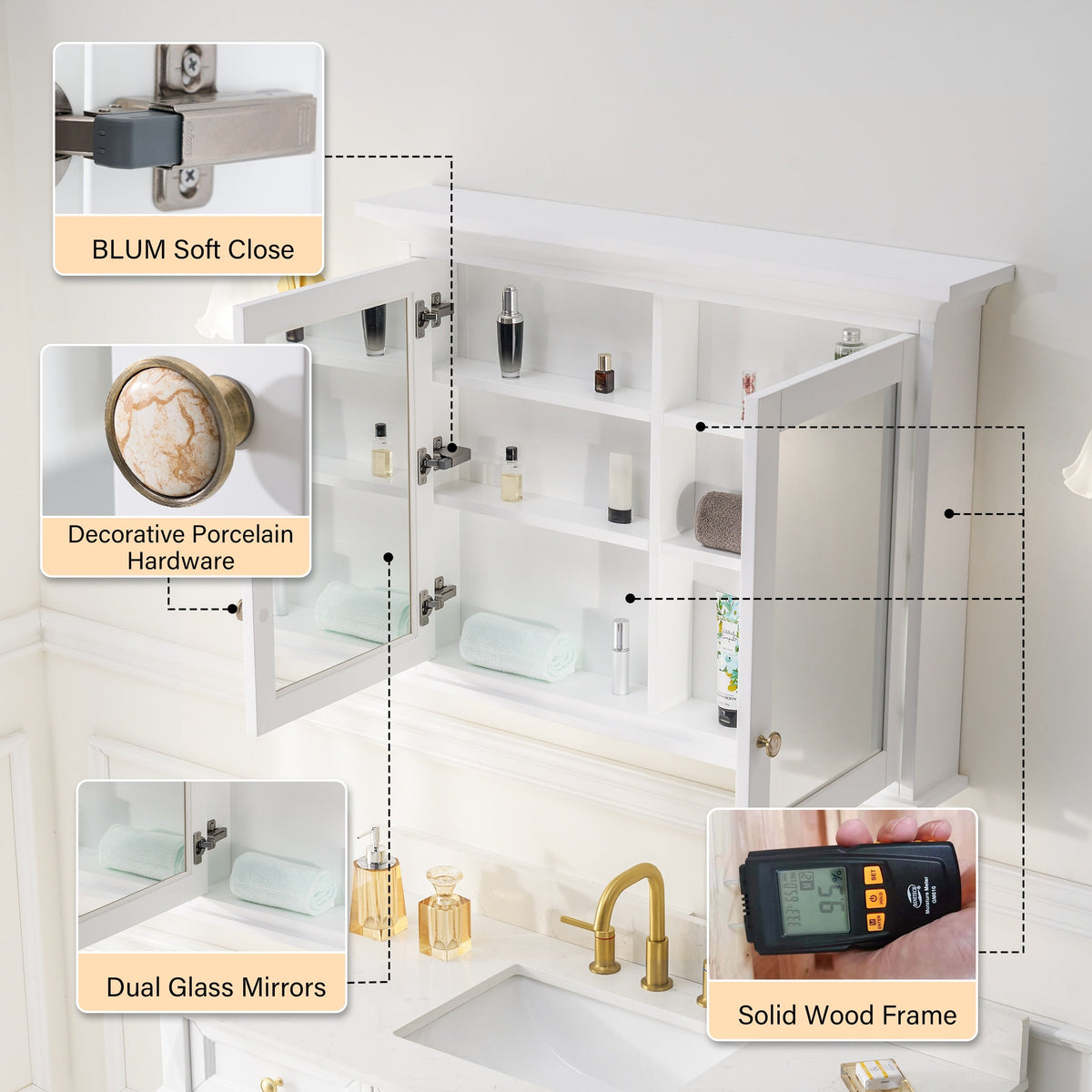 WELLFOR GRACE Solid Wood 40-in x 30-in Surface Mount White Mirrored Soft Close Medicine Cabinet