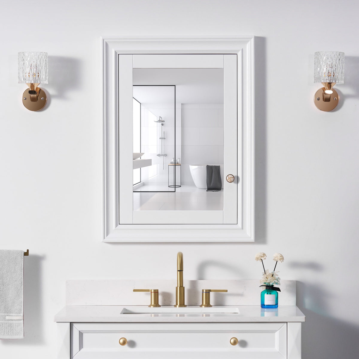 WELLFOR GRACE Solid Wood 24-in x 32-in Recessed Mount White Mirrored Soft Close Medicine Cabinet