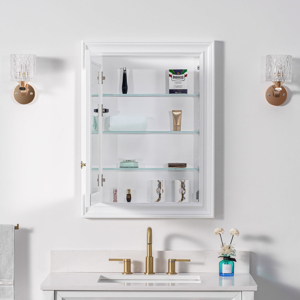 WELLFOR GRACE Solid Wood 24-in x 32-in Recessed Mount White Mirrored Soft Close Medicine Cabinet