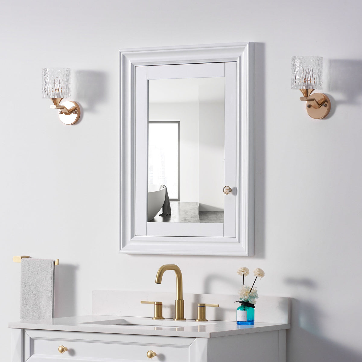 WELLFOR GRACE Solid Wood 24-in x 32-in Recessed Mount White Mirrored Soft Close Medicine Cabinet