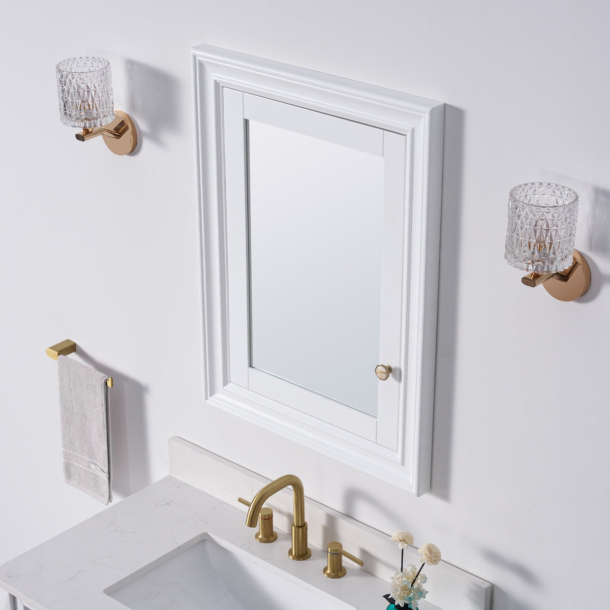 WELLFOR GRACE Solid Wood 24-in x 32-in Recessed Mount White Mirrored Soft Close Medicine Cabinet