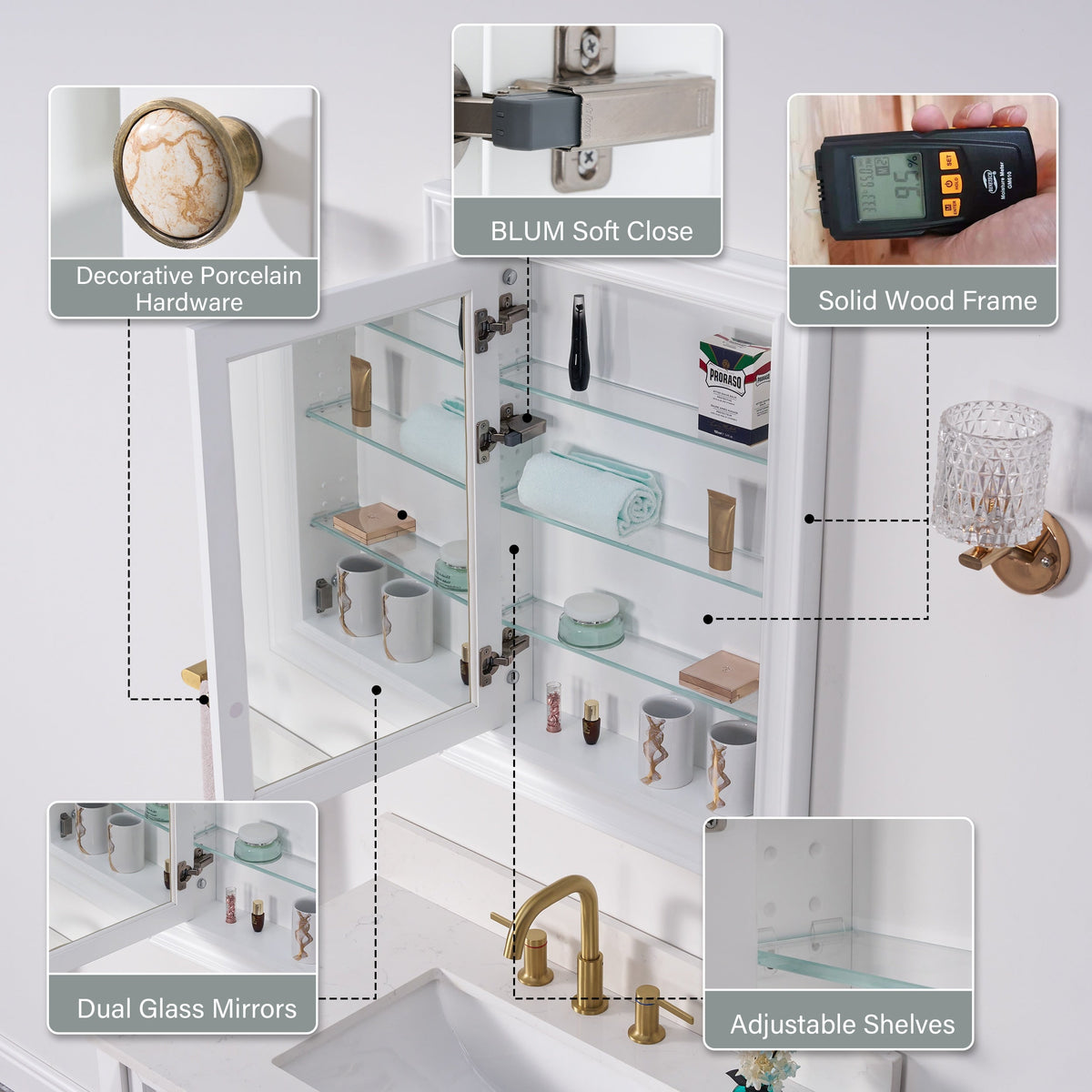 WELLFOR GRACE Solid Wood 24-in x 32-in Recessed Mount White Mirrored Soft Close Medicine Cabinet