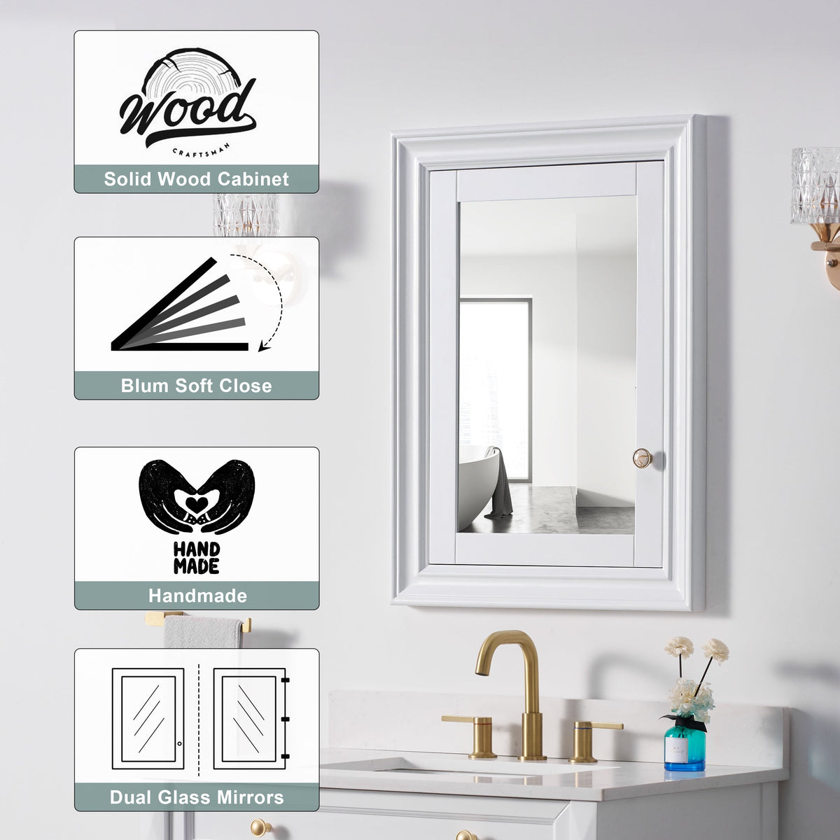 WELLFOR GRACE Solid Wood 24-in x 32-in Recessed Mount White Mirrored Soft Close Medicine Cabinet
