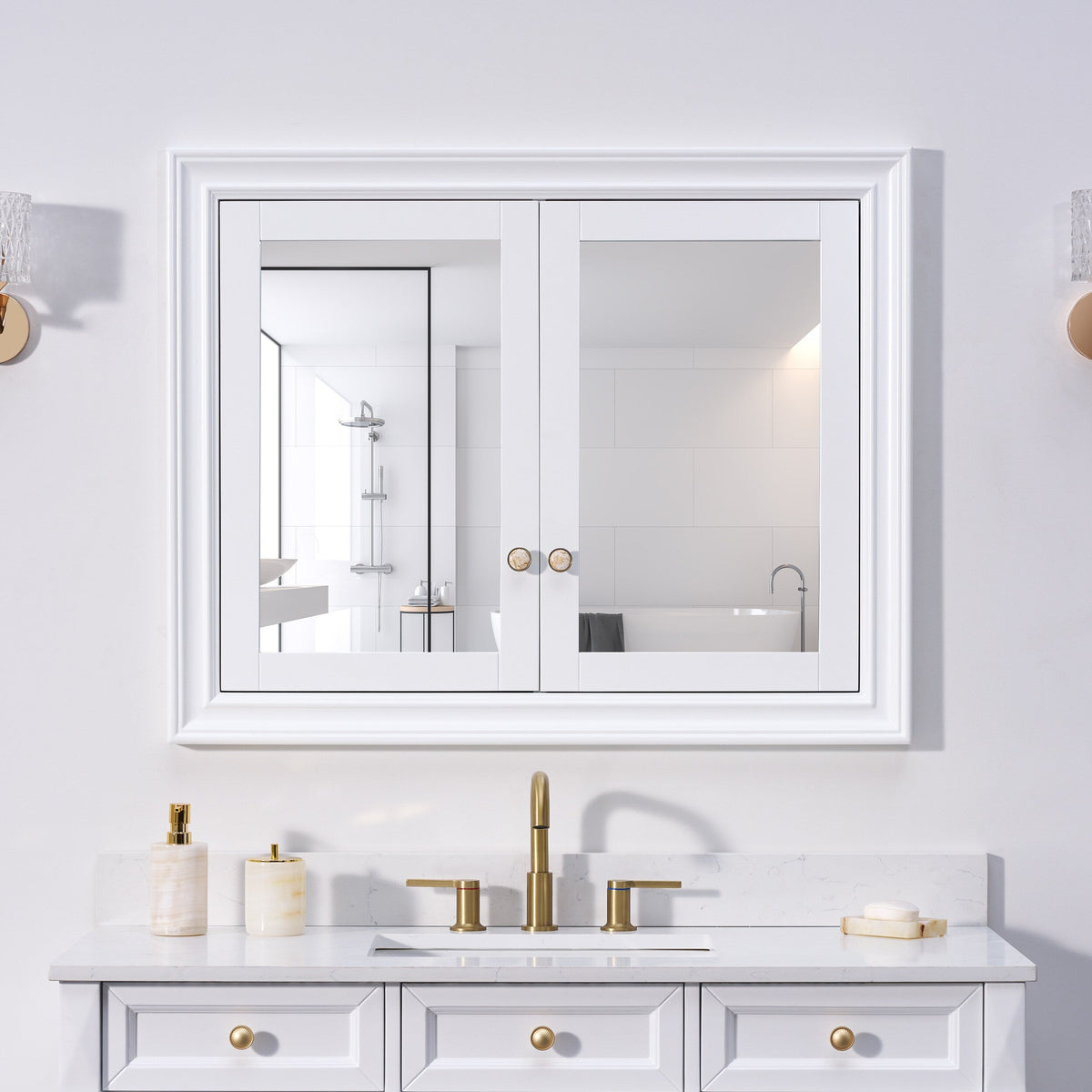 WELLFOR GRACE Solid Wood 40-in x 32-in Recessed Mount White Mirrored Soft Close Medicine Cabinet