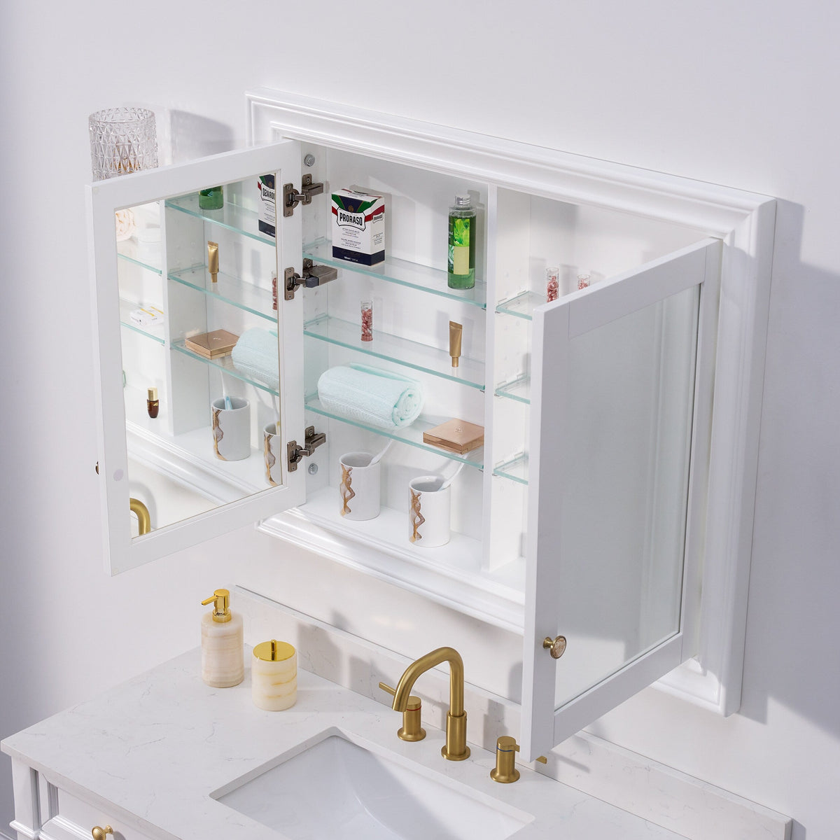 WELLFOR GRACE Solid Wood 40-in x 32-in Recessed Mount White Mirrored Soft Close Medicine Cabinet