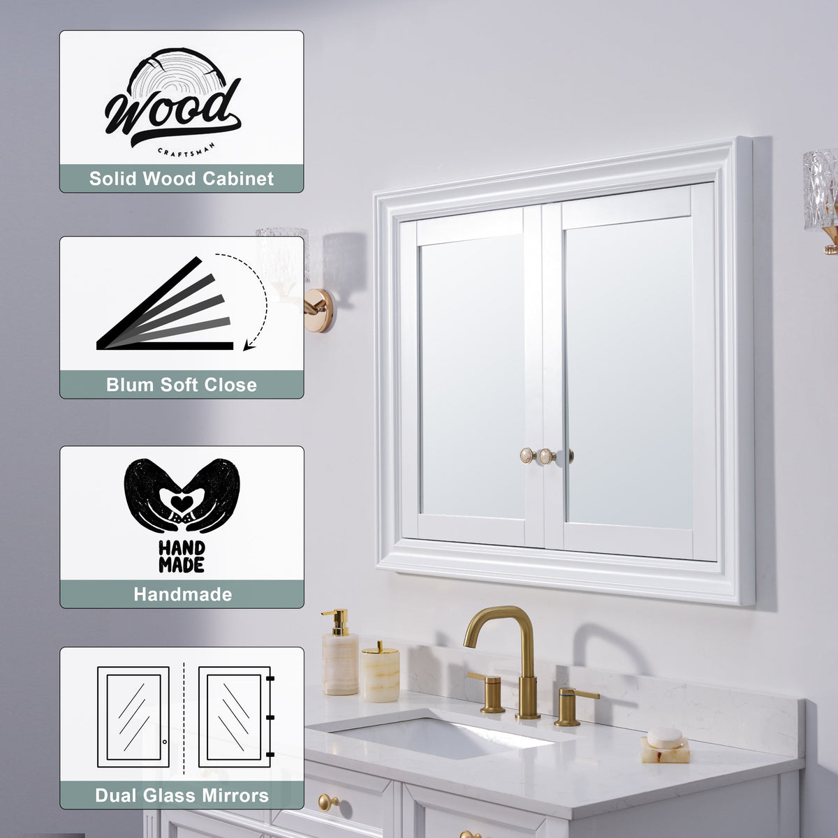 WELLFOR GRACE Solid Wood 40-in x 32-in Recessed Mount White Mirrored Soft Close Medicine Cabinet