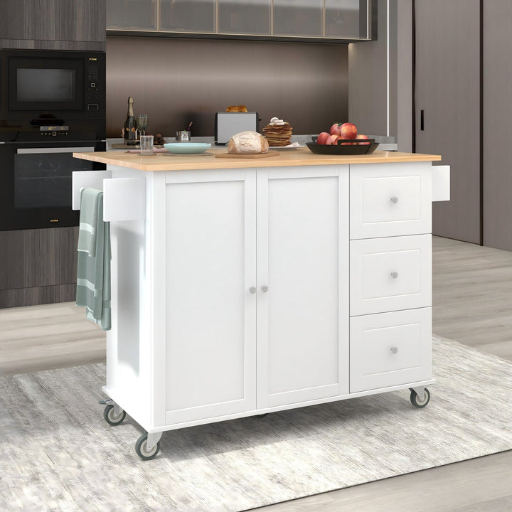Xspracer White Mdf Base with Wood Top Rolling Kitchen Island (30-in x 53-in x 37-in)