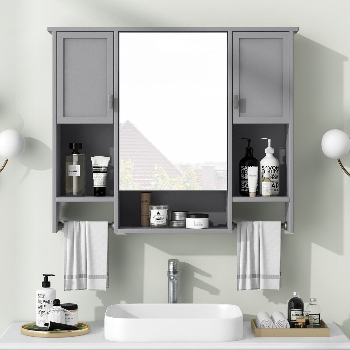 DELUXE LIVING 35-in x 28.7-in x 6.7-in Gray Soft Close Bathroom Wall Cabinet