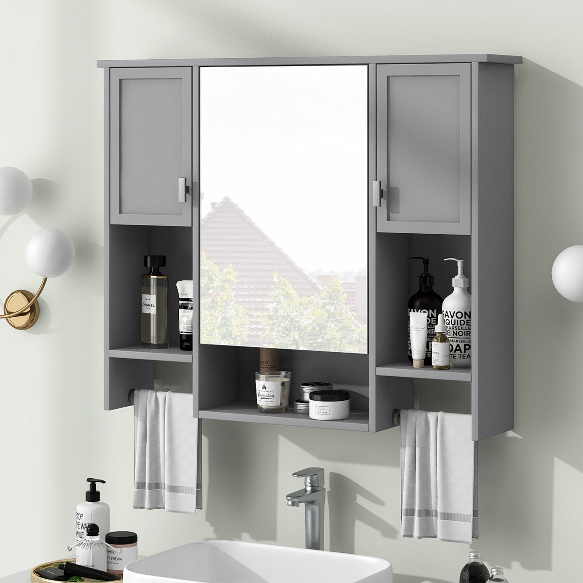 DELUXE LIVING 35-in x 28.7-in x 6.7-in Gray Soft Close Bathroom Wall Cabinet