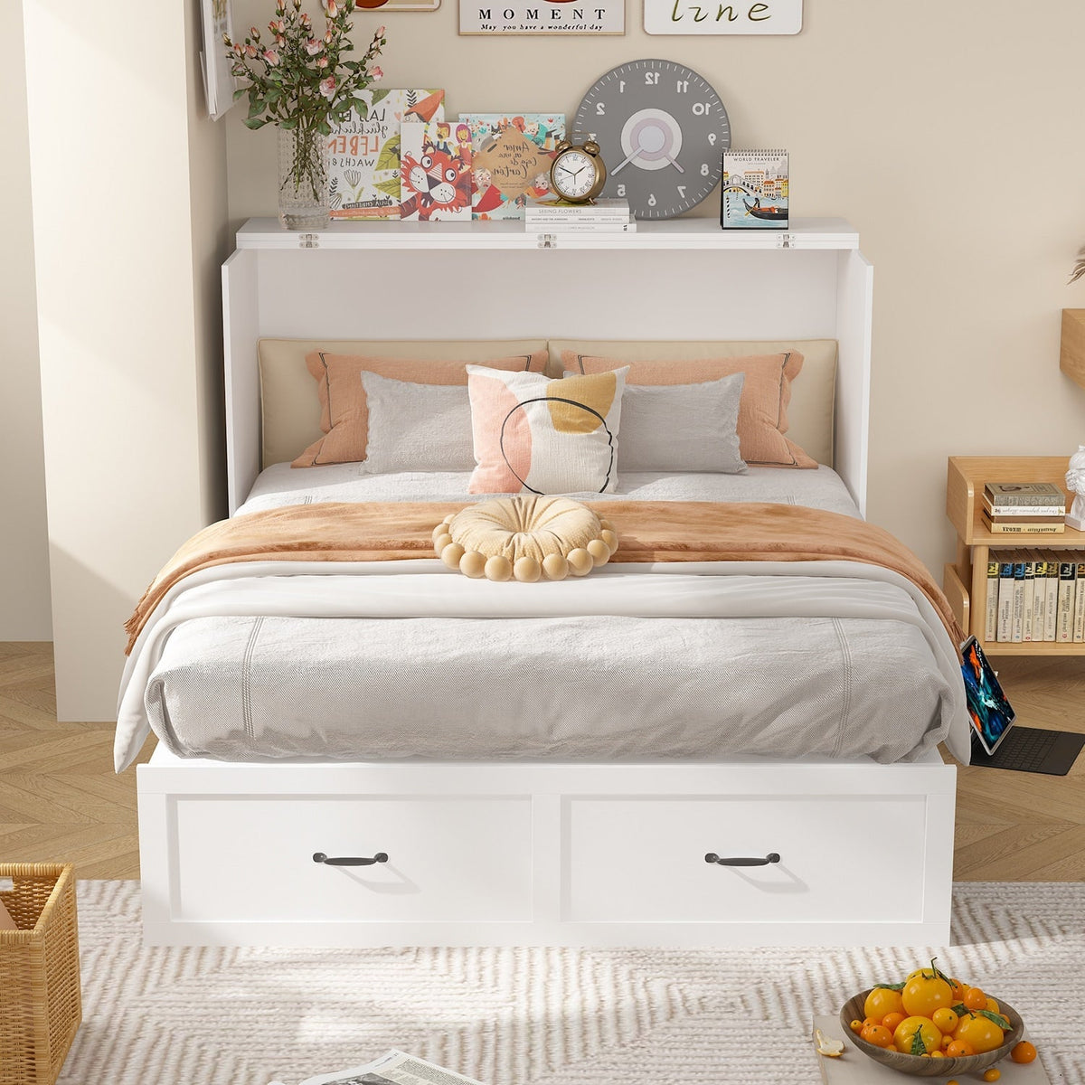 FUFU&GAGA Full Size Murphy Bed Cabinet with Charging Station and Drawer