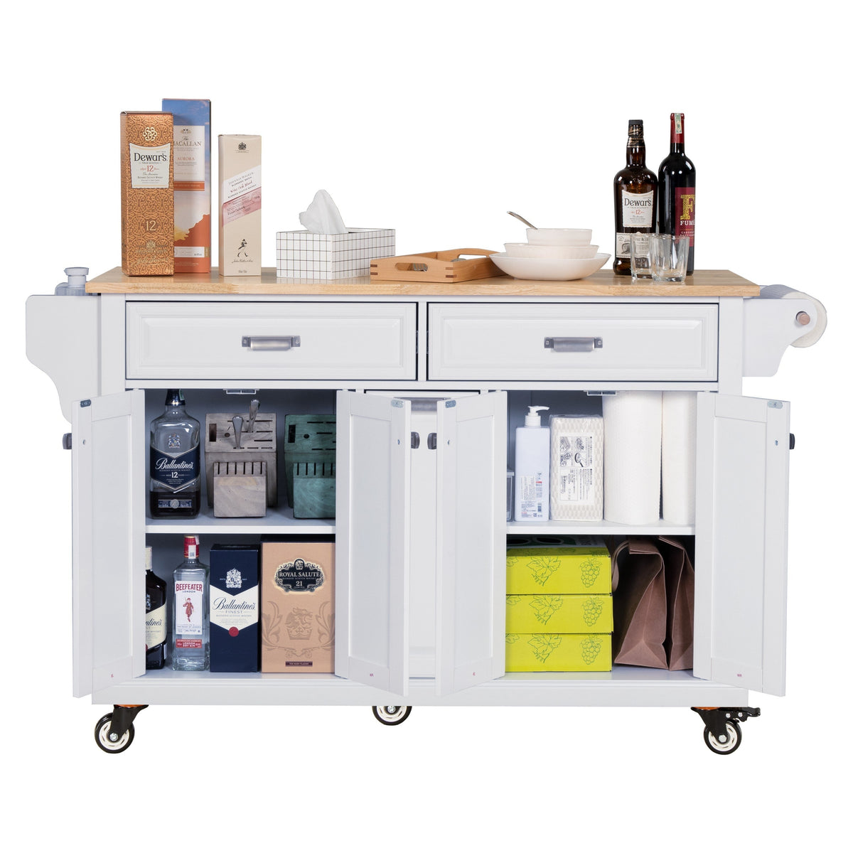 Damerin White Wood Base with Wood Top Rolling Kitchen Island (18.13-in x 60.5-in x 36.75-in)