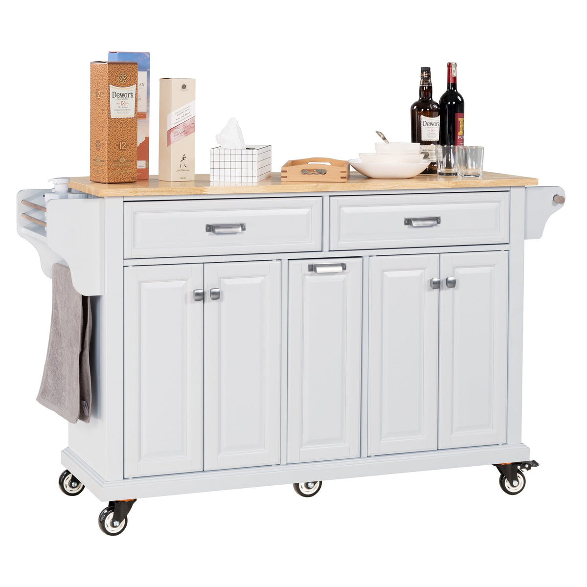 Damerin White Wood Base with Wood Top Rolling Kitchen Island (18.13-in x 60.5-in x 36.75-in)