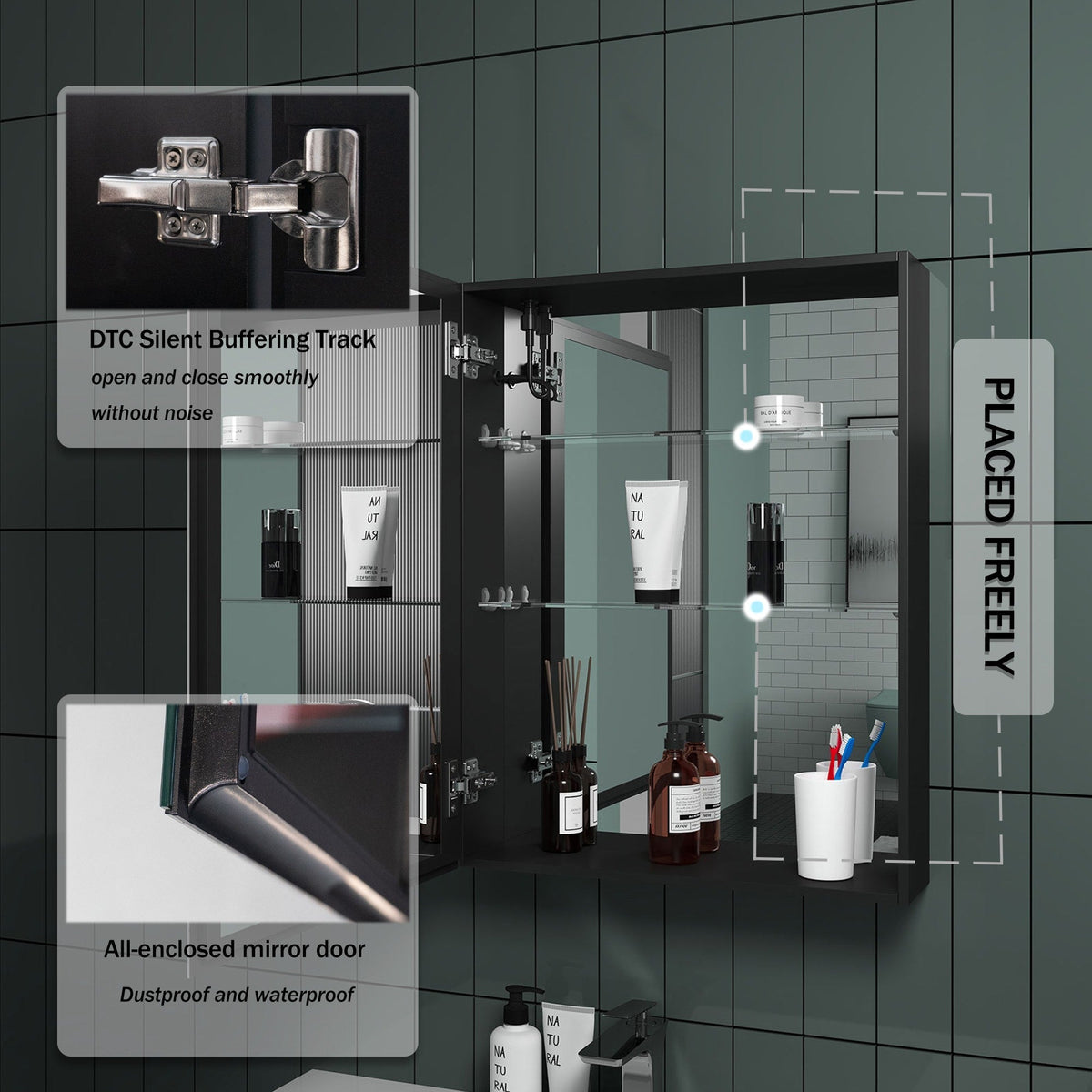 Forclover 20-in x 26-in Lighted LED Fog Free Surface Mount Black Mirrored Soft Close Medicine Cabinet
