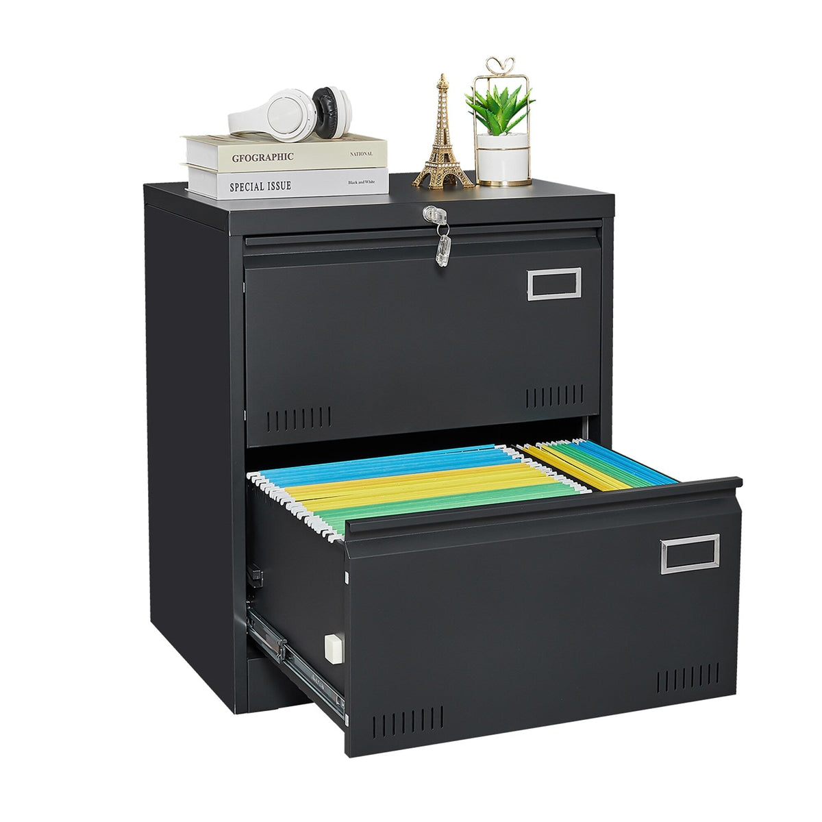 SINOFURN Black 2-Drawer 23.6-in File Cabinet