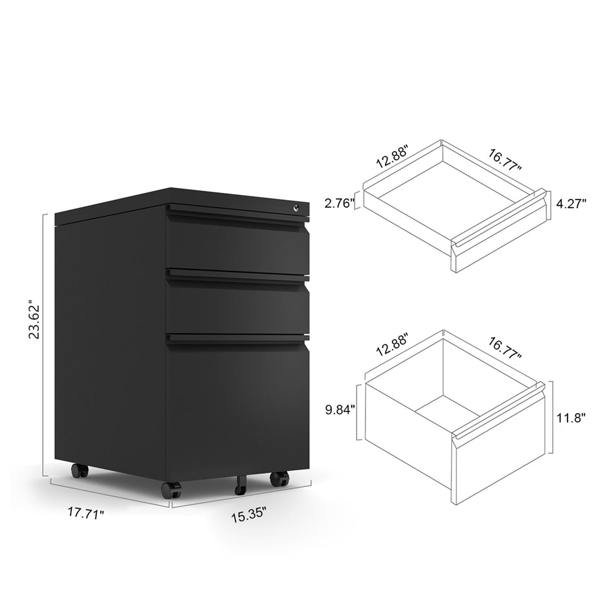SINOFURN Black 3-Drawer 15.4-in File Cabinet