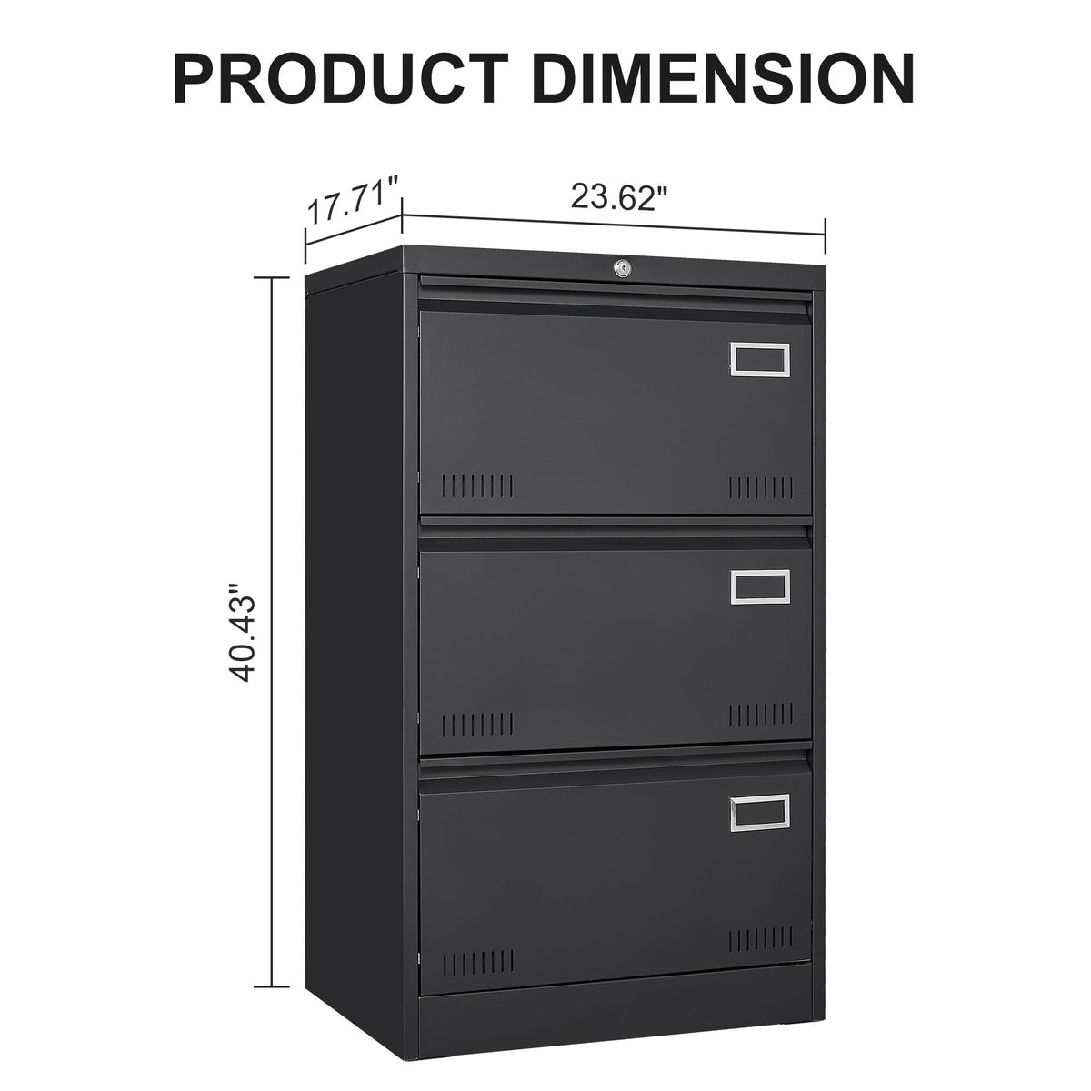 SINOFURN Black 3-Drawer 23.6-in File Cabinet