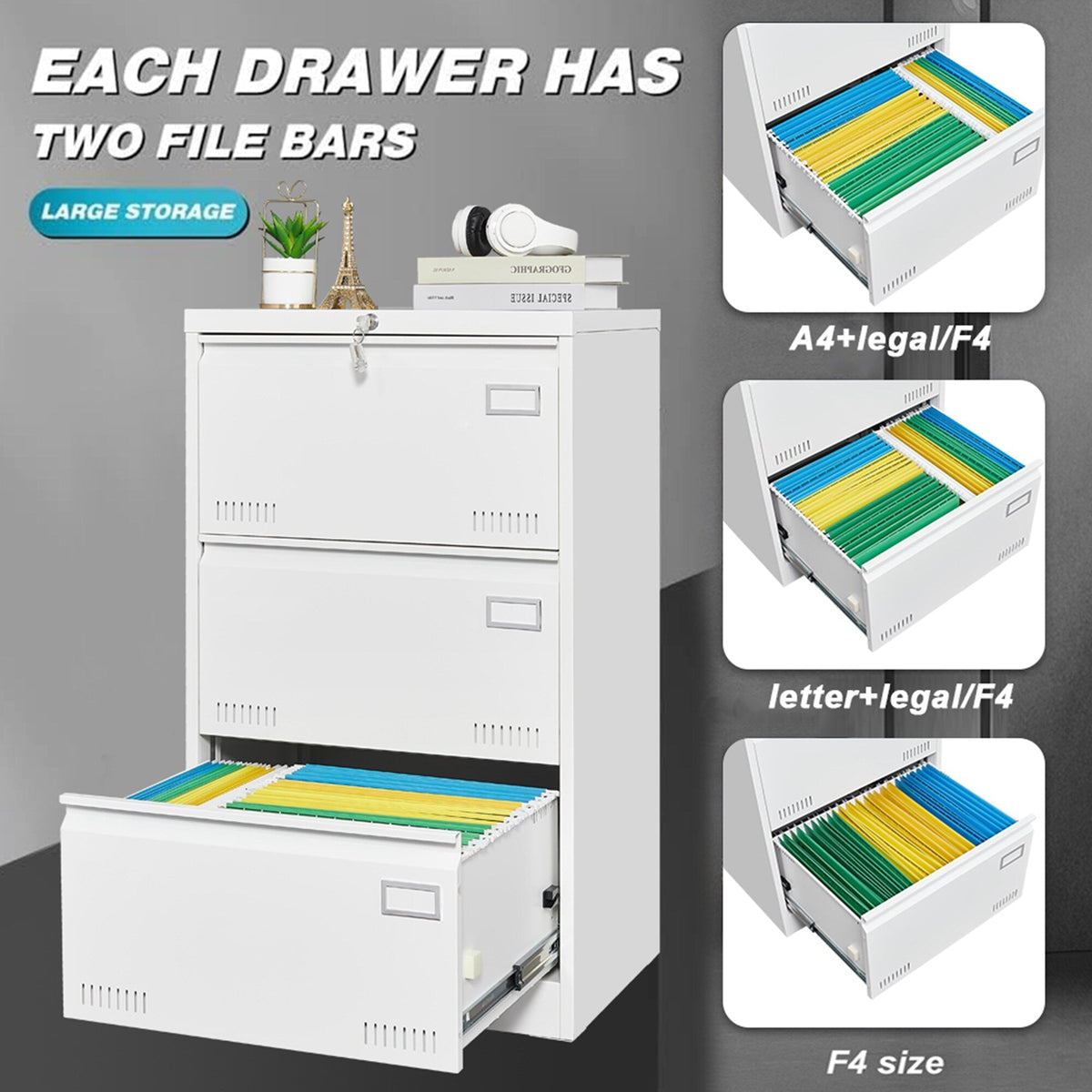 SINOFURN White 3-Drawer 23.6-in File Cabinet