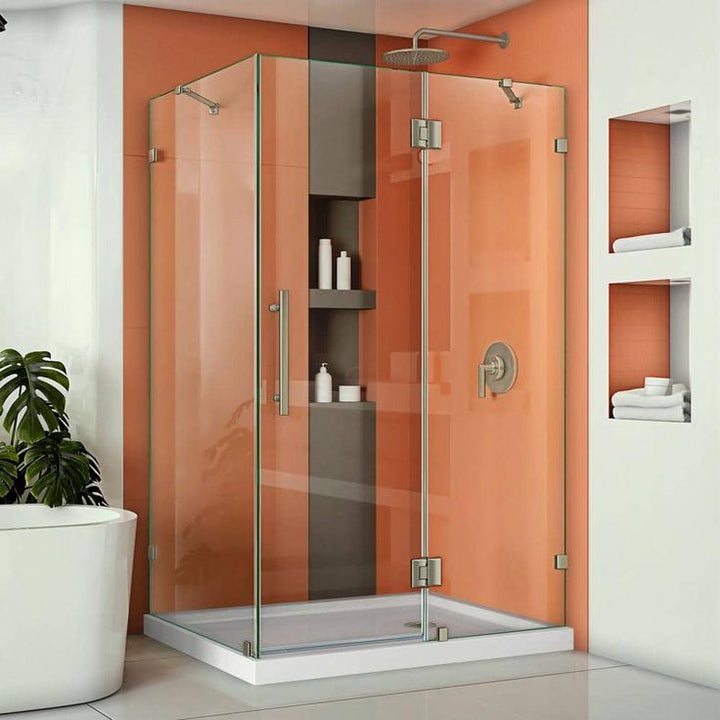 DreamLine Quatra Lux 46-3/8 in. W x 34-1/4 in. D x 72 in. H Frameless Corner Hinged Shower Enclosure, Brushed Nickel
