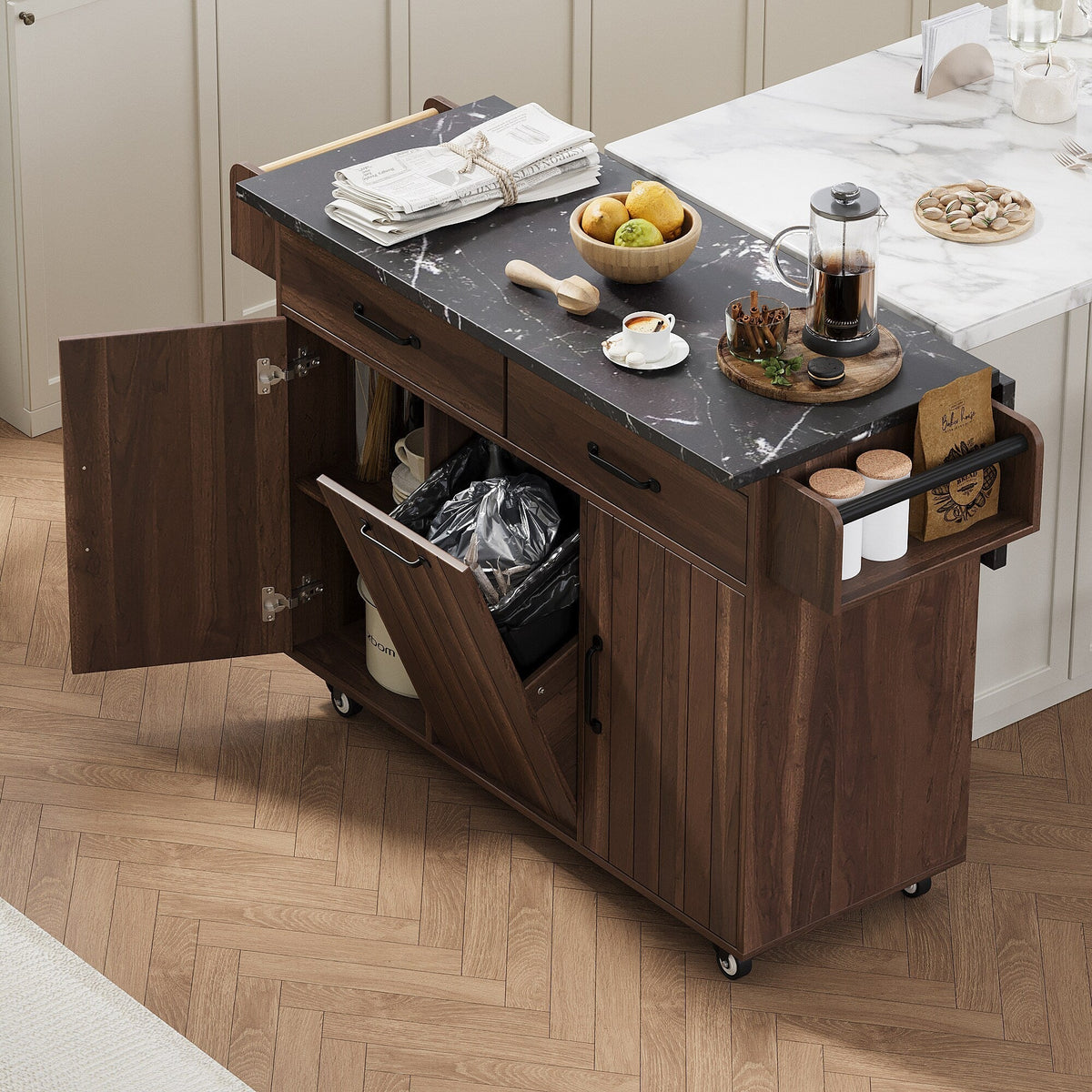 SINOFURN Brown Mdf Base with Mdf Wood Top Rolling Kitchen Cart (20.6-in x 51-in x 35-in)