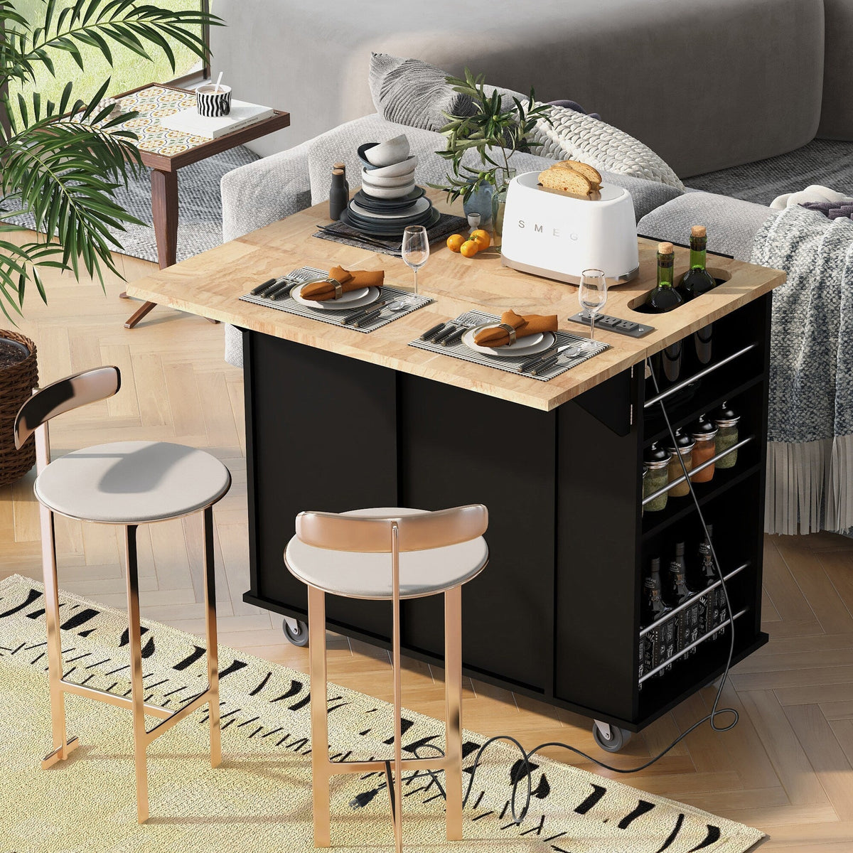 SINOFURN Black Mdf Base with Wood Top Rolling Kitchen Cart (29.3-in x 39.8-in x 33.7-in)