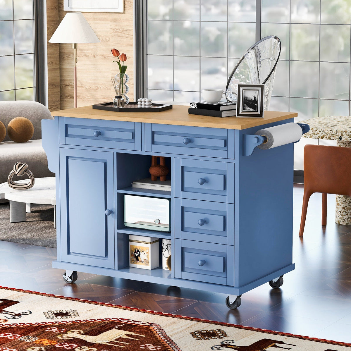SINOFURN Blue Mdf Base with Wood Top Rolling Kitchen Cart (18.1-in x 52.8-in x 36.2-in)