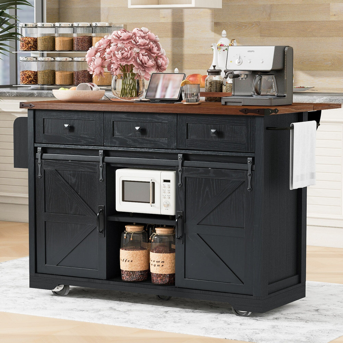 SINOFURN Black Mdf Base with Mdf Wood Top Rolling Kitchen Island (28.8-in x 53.8-in x 36.5-in)