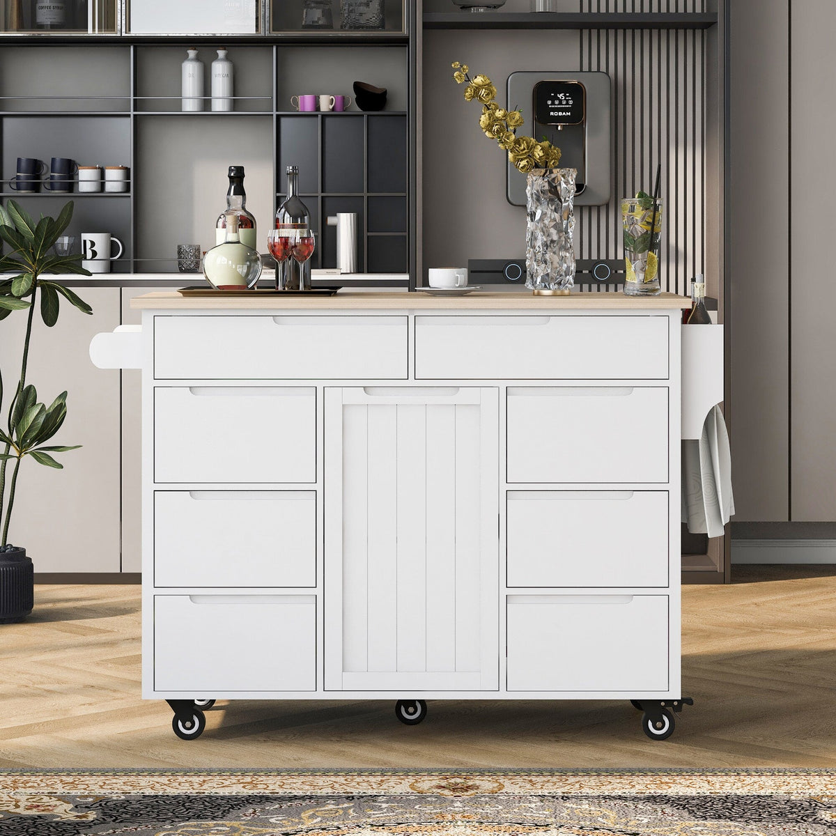 SINOFURN White Mdf Base with Wood Top Rolling Kitchen Cart (18.5-in x 53.1-in x 37-in)