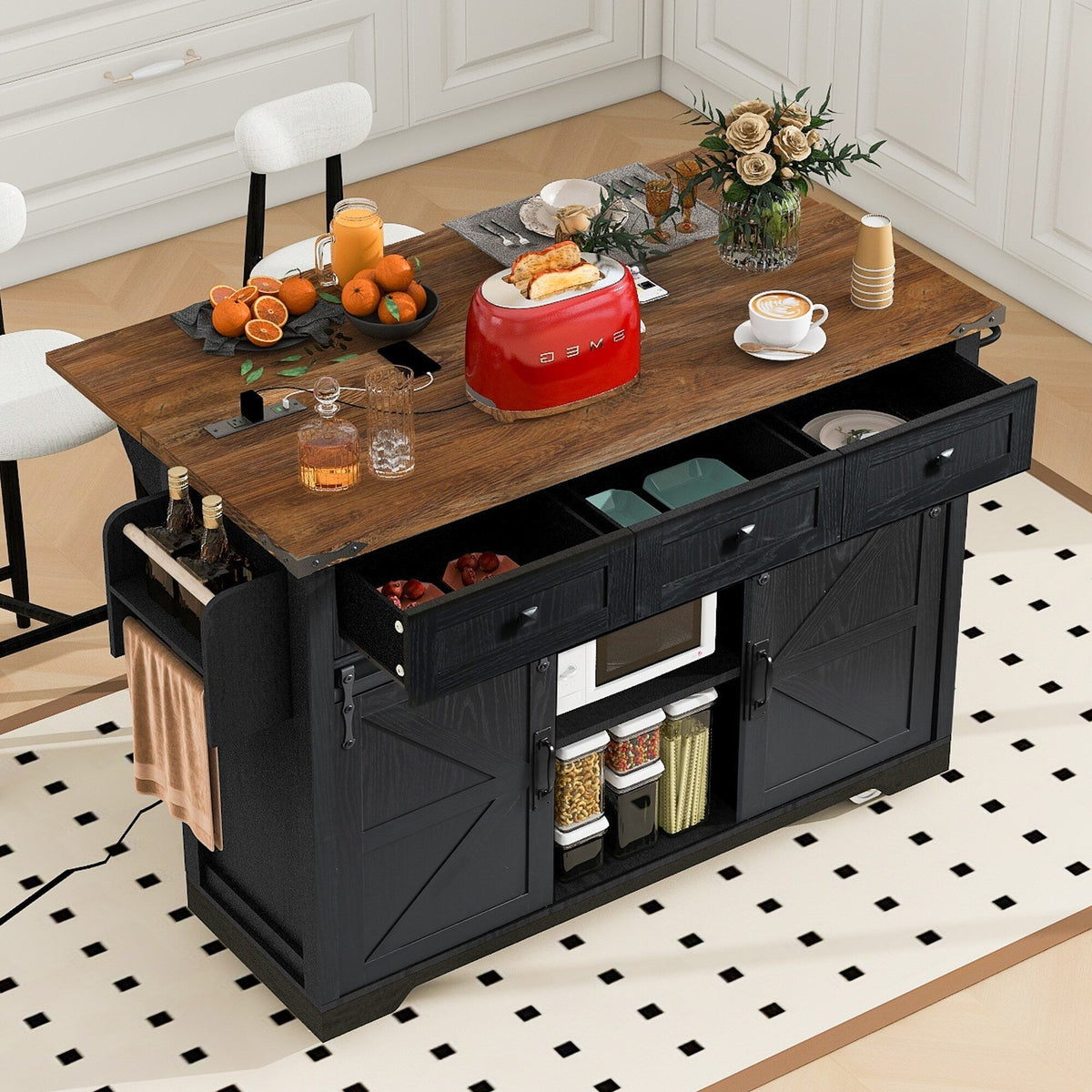 SINOFURN Black Mdf Base with Mdf Wood Top Rolling Kitchen Island (28.8-in x 53.8-in x 36.5-in)