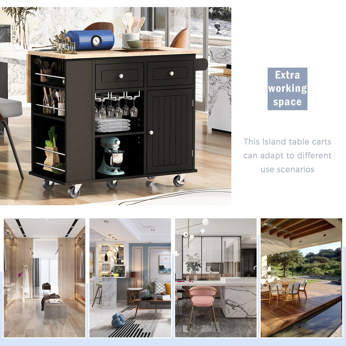 SINOFURN Black Mdf Base with Wood Top Rolling Kitchen Cart (29.3-in x 39.8-in x 33.7-in)