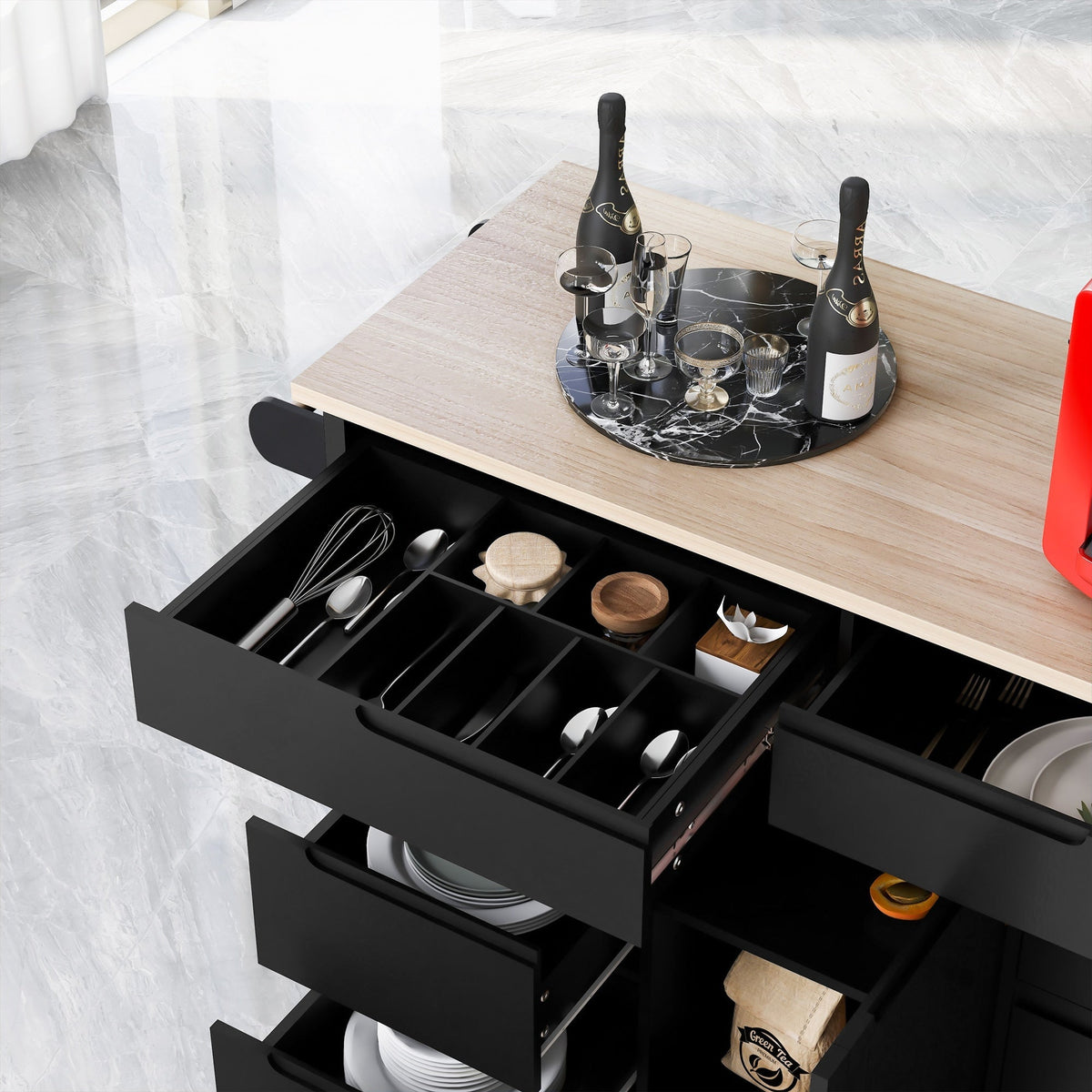 SINOFURN Black Mdf Base with Wood Top Rolling Kitchen Cart (18.5-in x 53.1-in x 37-in)