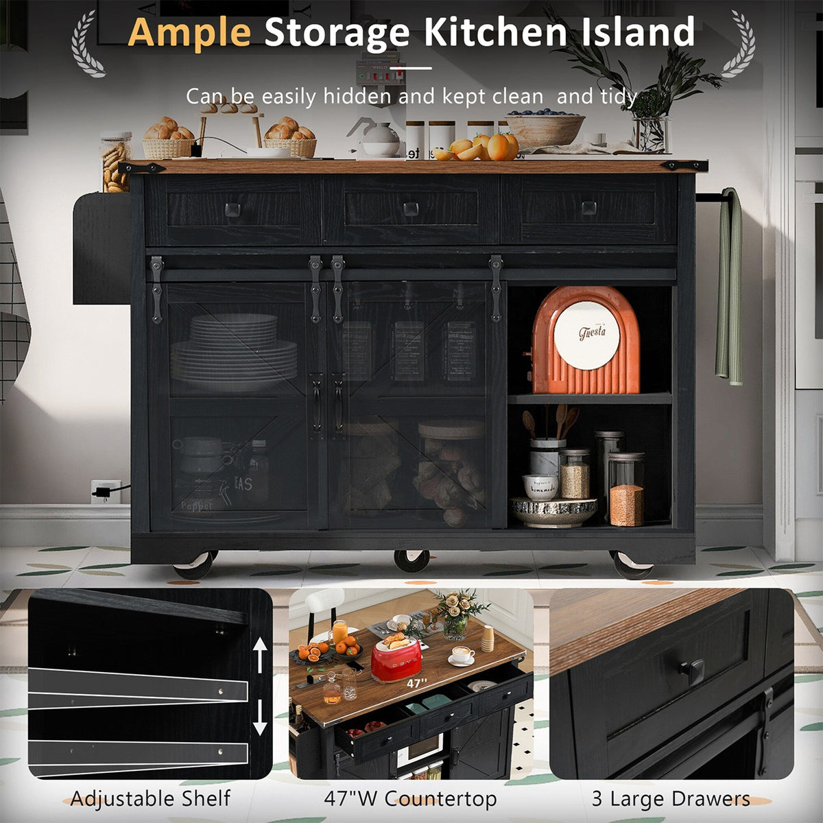 SINOFURN Black Mdf Base with Mdf Wood Top Rolling Kitchen Island (28.8-in x 53.8-in x 36.5-in)